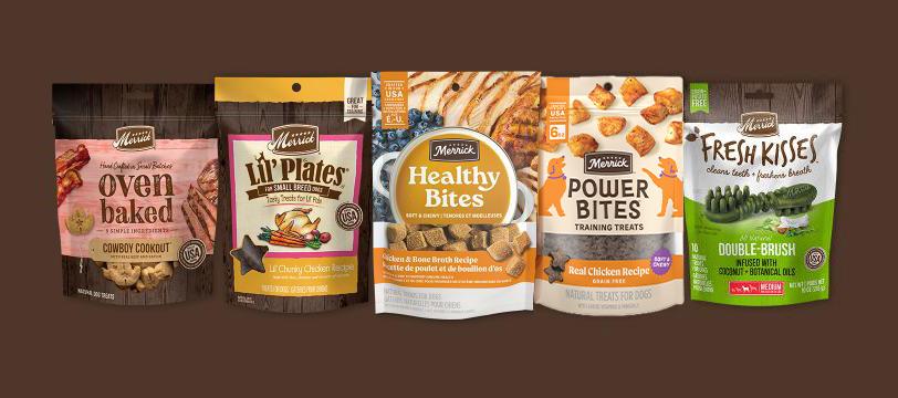 Merrick product lineup featuring Oven Baked, Lil&#039; Plates, Healthy Bites, Power Bites, and Fresh Kisses treats
