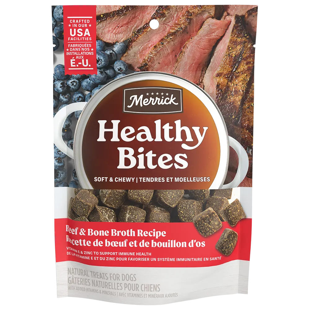 Healthy Bites Beef and Bone Broth dog treats front of packaging 