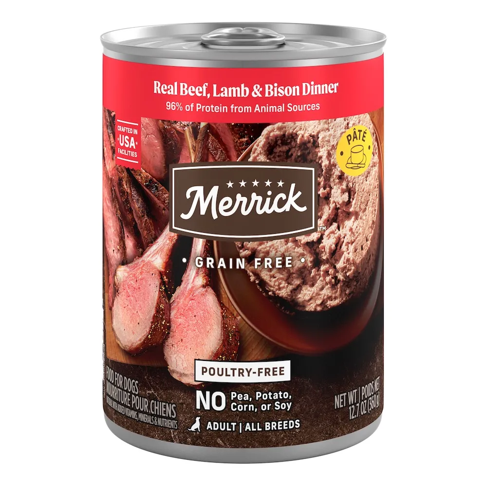 Merrick Grain Free Pate Real Beef, Lamb, and Bison Dinner package.