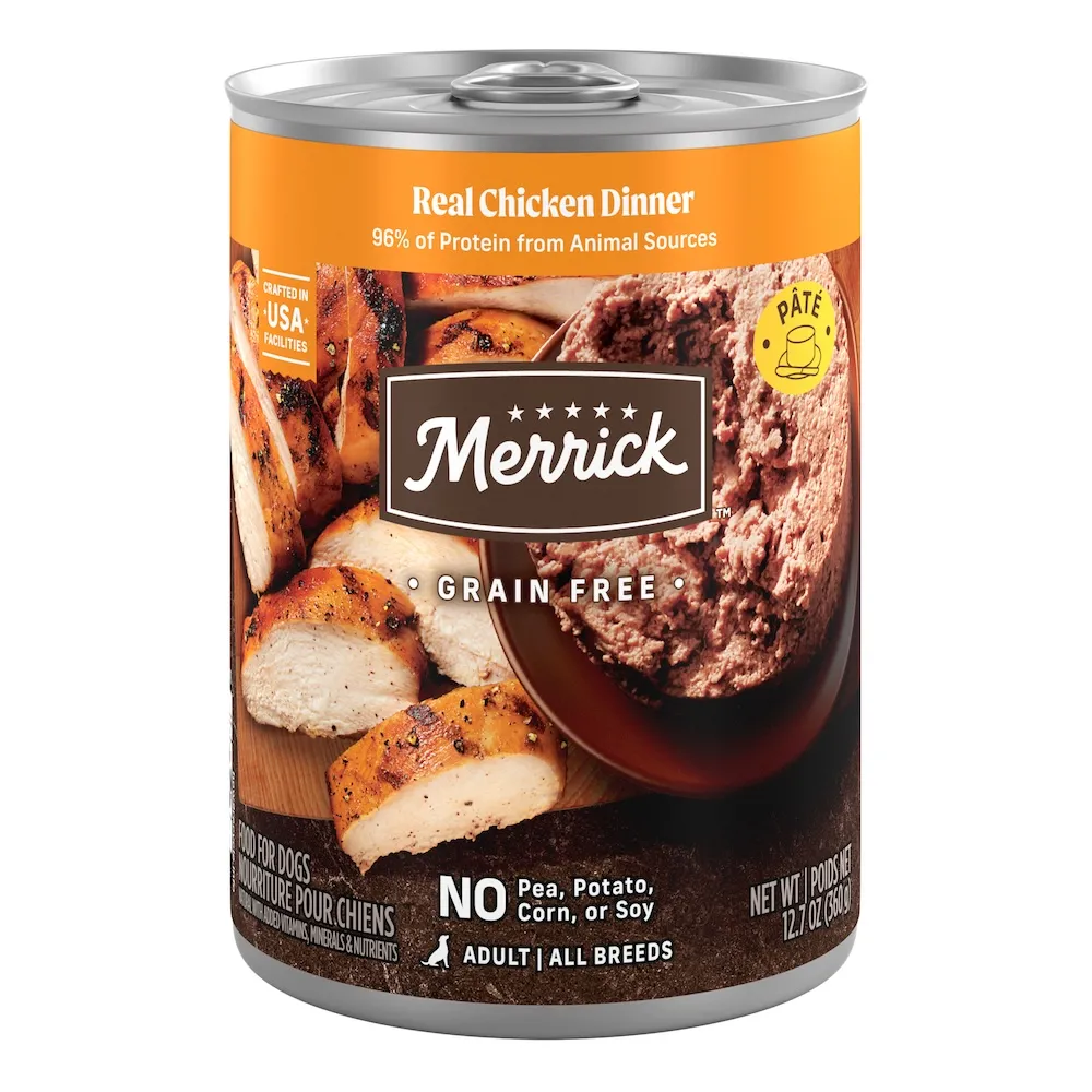 Merrick Grain Free Pate Real Chicken Dinner package.