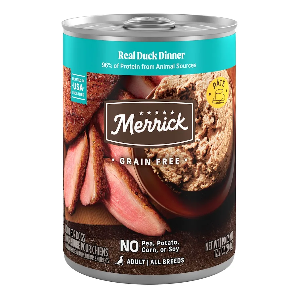 Merrick Grain free Pate Real Duck Dinner package.