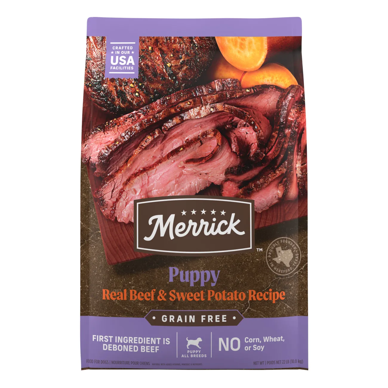 Merrick Puppy Real Beef and Sweey Potato Recipe, Grain Free package. First Ingredient is Dedoned Beef. 