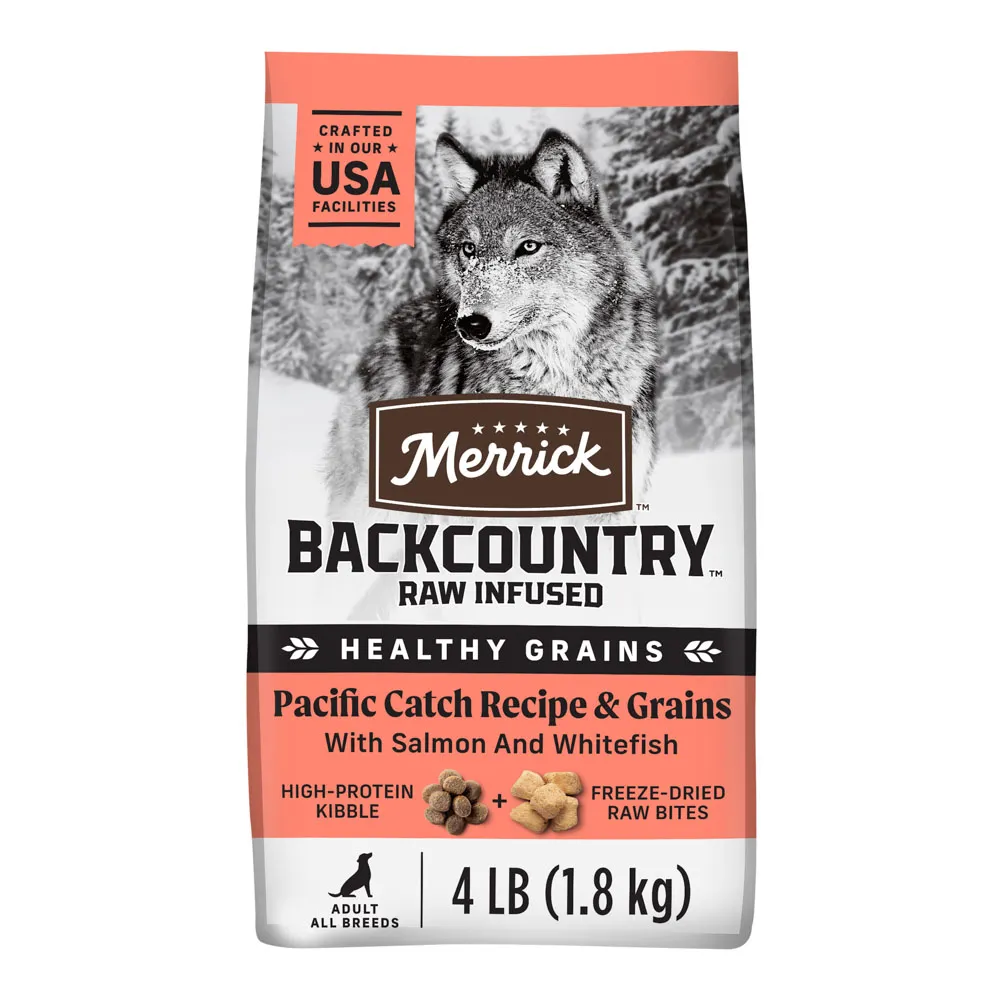 Bag of Merrick Backcountry Raw Infused With Healthy Grains Pacific Catch Recipe Dry Dog Food