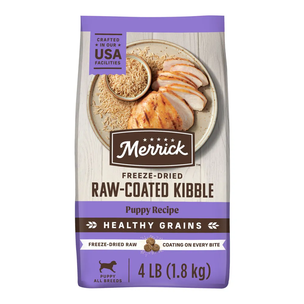 Bag of Merrick Healthy Grains Freeze-Dried Raw-Coated Kibble Puppy Dry Puppy Food
