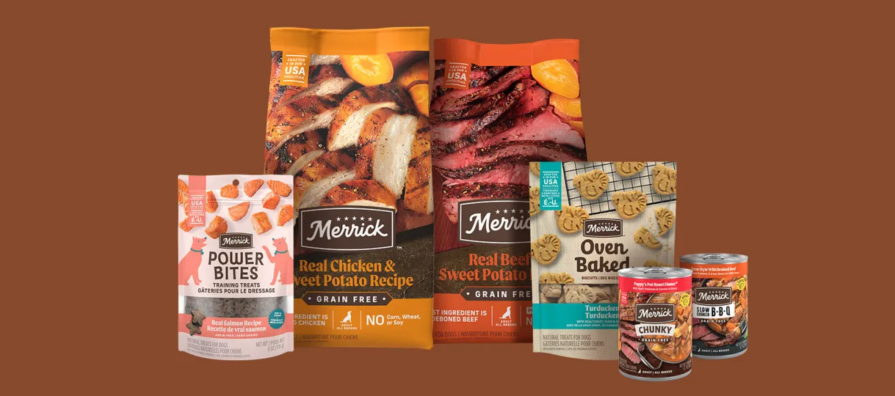 Merrick dog products including power bites treat, oven baked trets, chicken grain free dry kibble, beef grain free kibble and pappy's pot pie and wet dog food. 