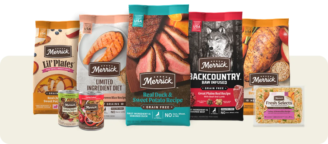 Merrick Dog food package line up