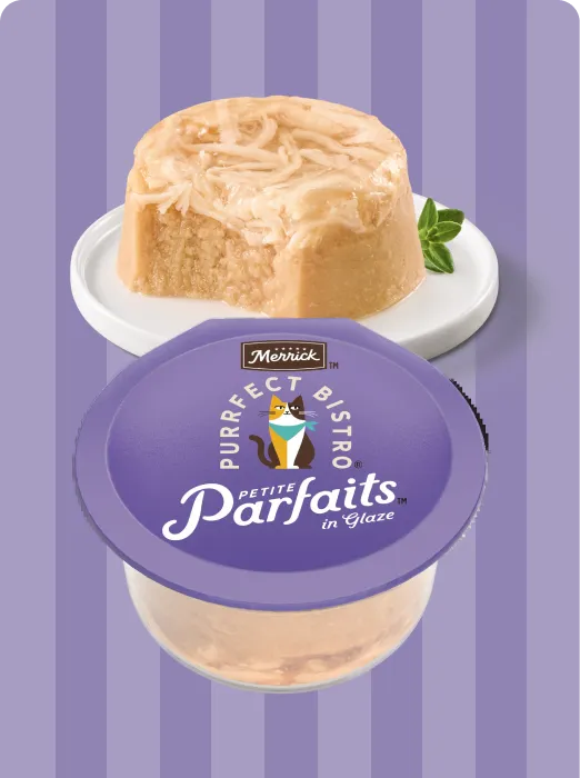 Merrick Purrfect Bistro Skipjack Tuna Mousse with Chicken Petite Parfaits package and product
