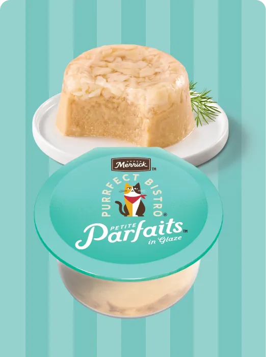 Merrick Purrfect Bistro Chicken and Tuna Mousse with Sole Petite Parfaits package and product