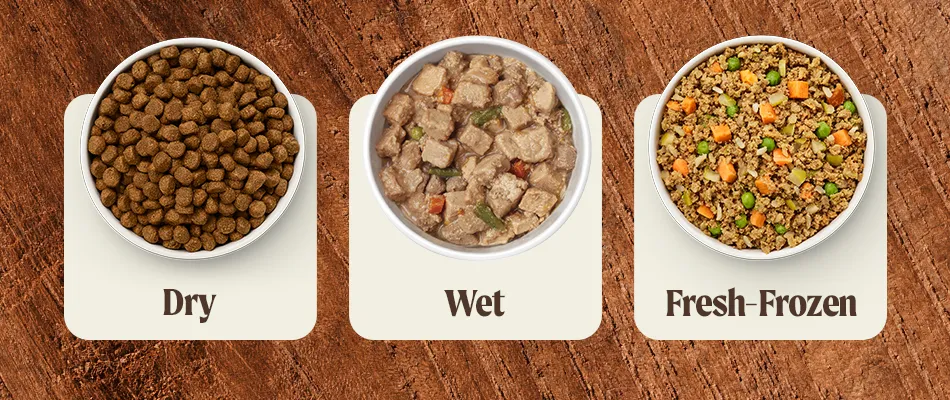 Three bowls of Merrick dog food, each showing one different; dry dog food, wet dog food and Fresh Selects