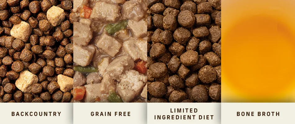 Four images showing Merrick dog food which include kibble from Backcountry, wet dog food from Grain Free, dry dog food from Limited Ingredient Diet and Bone Broth