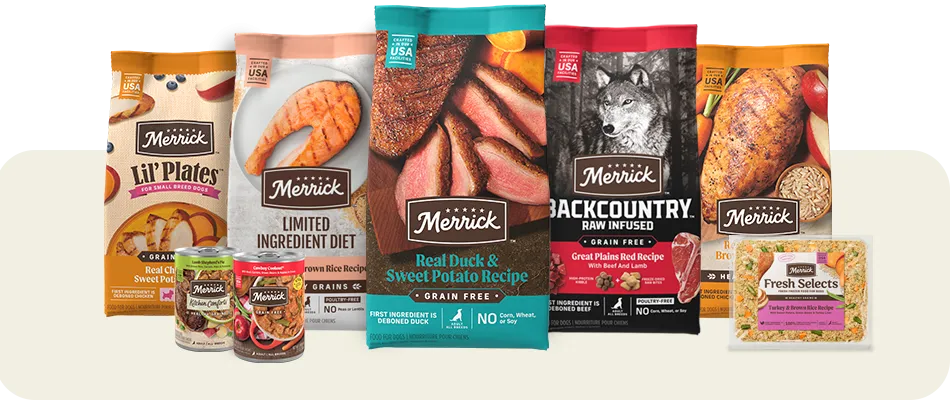 A variety of Merrick dog food product with four bags of dry dog food, two cans of wet and one package of Fresh Selects