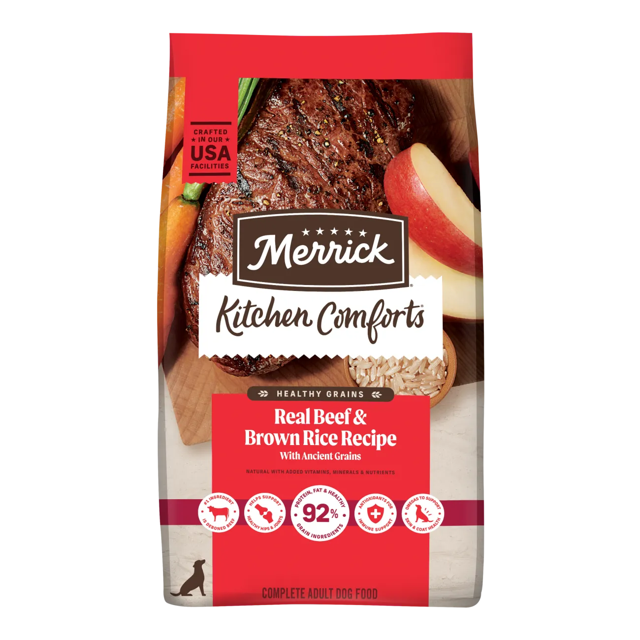 Merrick Kitchen Comforts Real Beef and Brown Rice Recipe dog food bag