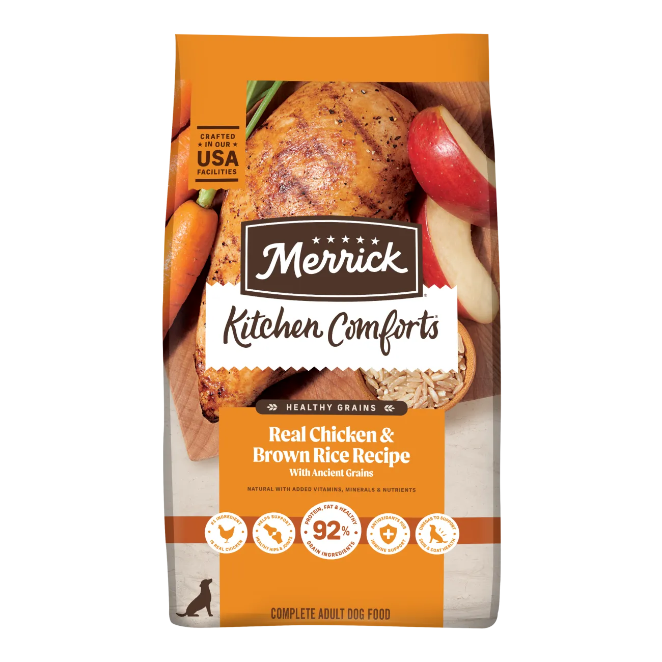 Merrick Kitchen Comforts Real Chicken and Brown Rice Recipe dog food bag.