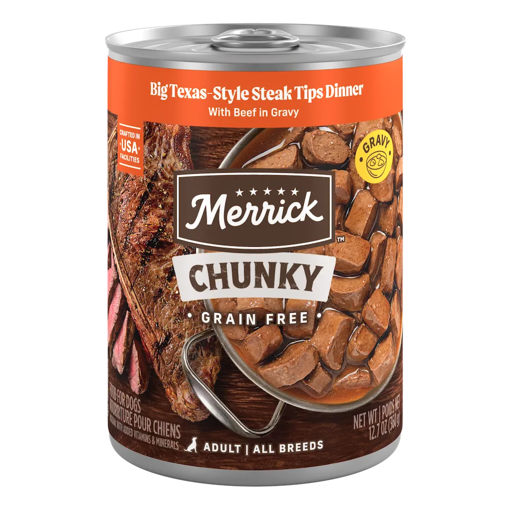 Merrick Big Texas Style Steak Tips Dinner packaging.
