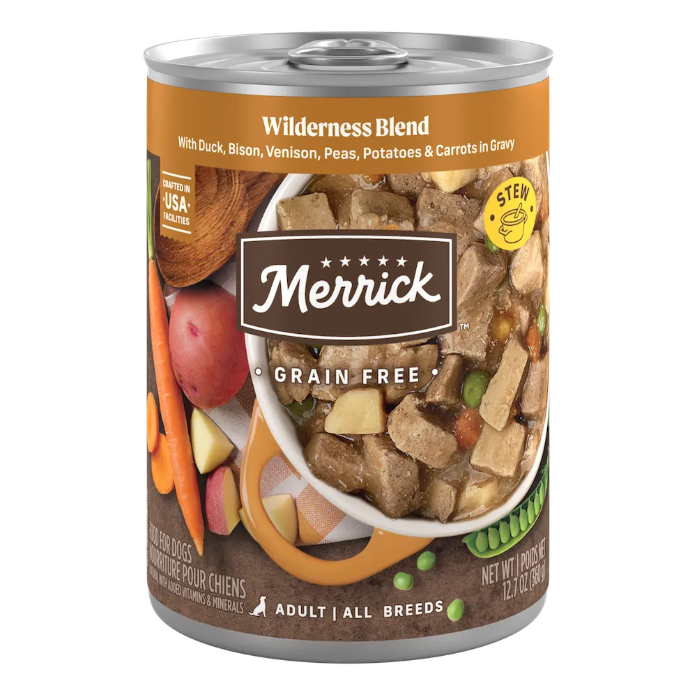 Merrick Grain Free Wilderness Blend wet dog food can.