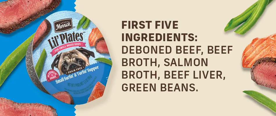 First five ingredients: deboned beef, beef broth, salmon broth, beef liver, green beans.
