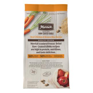 Healthy Grains Freeze-dried Raw-coated Kibble Real Chicken + Brown Rice Recipe Back of Bag