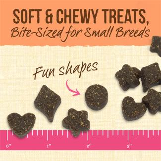 Lil’ Plates Salmon dog treats of various shapes next to a ruler for size and text that says “fun shapes” and an orange banner of text that reads “Soft &amp; Chewy Treats, bites-sized for small breeds.” 