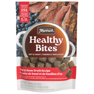 Healthy Bites Beef and Bone Broth dog treats front of packaging 