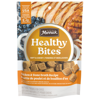 Healthy Bites Chicken and Bone Broth dog treats front of packaging 