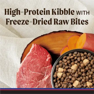 High-Protien Kibble with Freeze-Dried Raw Bites. 