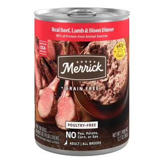 Merrick Grain Free Pate Real Beef, Lamb, and Bison Dinner package.