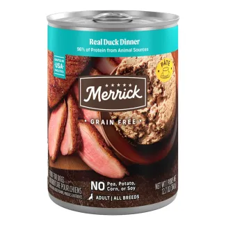 Merrick Grain free Pate Real Duck Dinner package.