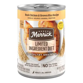 Merrick Limited Ingredient Diet Pate Real Chicken and Brown Rice Recipe package.