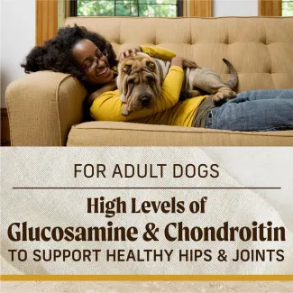 The top of the image shows a woman laying on a couch cuddling a shar pei dog; below text reads "For adult dogs. high levels of glucosamine and chondroitin to help support healthy hips and joints"