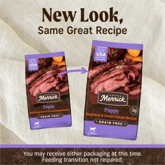 Merrick Puppy Real Beef and Sweey Potato Recipe, Grain Free new look. First Ingredient is Dedoned Beef. 