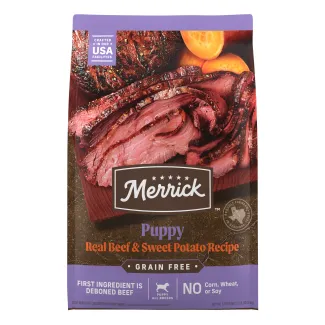 Merrick Puppy Real Beef and Sweey Potato Recipe, Grain Free package. First Ingredient is Dedoned Beef. 