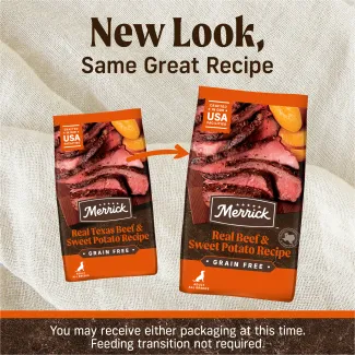 Merrick Real Beef and Sweey Potato Recipe, Grain Free new look. First Ingredient is Dedoned Beef. 