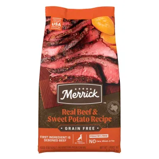 Merrick Real Beef and Sweey Potato Recipe, Grain Free package. First Ingredient is Dedoned Beef. 