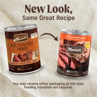 New look for Merrick Real Texas-Style Beef Dinner Grain Free Pate.