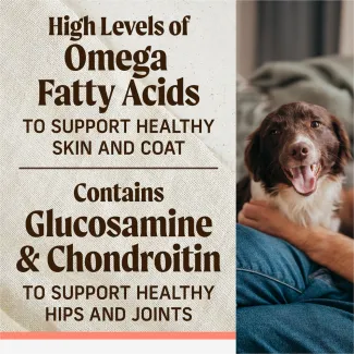To the right, a white and brown dog looks into the camera while sitting on the lap of a person on a couch. To the left, text reads "high levels of omega fatty acids to support healthy skin and coat. Contains glucosamine and chondroitin to help support healthy hips and joints"