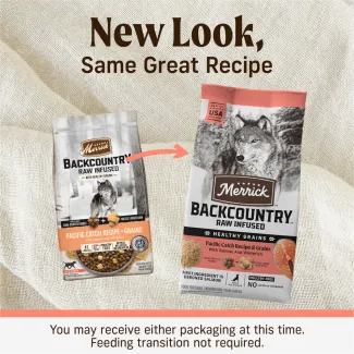 Packages show the old look and new look for Merrick Backcountry Raw Infused With Healthy Grains Pacific Catch Recipe Dry Dog Food with an arrow pointing from old to new. Text reads "New look, same great recipe. You may receive either packaging at this time. Feeding transition not required." 