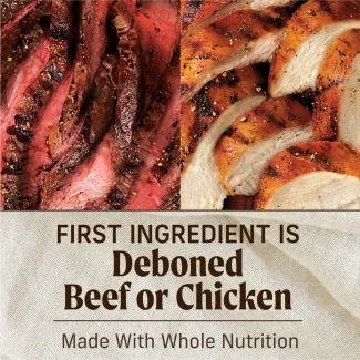 Close up photos of cooked and seasoned pieces of beef and chicken are shown side by side. Below, text reads "First ingredient is deboned beef or chicken. Made with whole nutrition"