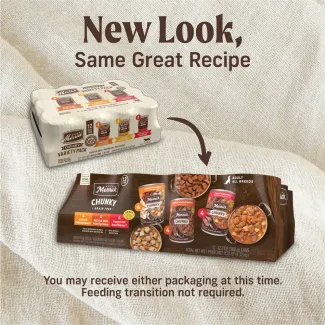 Packages show the old look and new look for Merrick Chunky Grain Free Wet Dog Food variety pack with an arrow pointing from old to new. Text reads "New look, same great recipe. You may receive either packaging at this time. Feeding transition not required." 