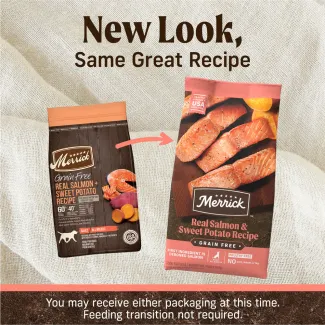 Packages show the old look and new look for Merrick Grain Free Real Salmon &amp; Sweet Potatoes Recipe Dry Dog Food with an arrow pointing from old to new. Text reads "New look, same great recipe. You may receive either packaging at this time. Feeding transition not required." 