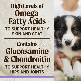 To the right, a tri-colored puppy looks into the camera while sitting on the lap of a person out of focus. To the left, text reads "high levels of omega fatty acids to support healthy skin and coat. Contains glucosamine and chondroitin to help support healthy hips and joints"