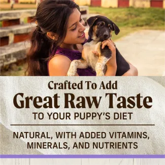 Top half of the images shows a woman holding a tri-colored puppy in an outdoor setting; text below reads "crafted to add great raw taste to your puppy's diet. Natural with added vitamins, minerals, and nutrients" 
