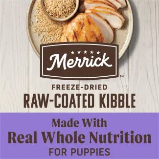 A topdown photo of brown rice and cooked sliced chicken on a speckled tan plate; the Merrick logo overlays the plate; text below reads "freeze-dried raw-coated kibble made with real whole nutrition for puppies"