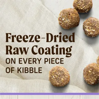 Pieces of kibble on a tan cloth background with text that reads "freeze-dried raw coating on every piece of kibble"