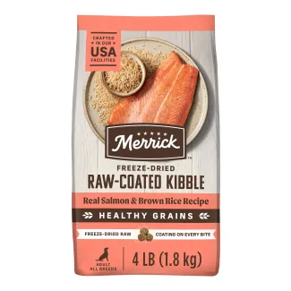 Bag of Merrick Healthy Grains Freeze-Dried Raw-Coated Kibble Real Salmon &amp; Brown Rice Recipe Dry Dog Food