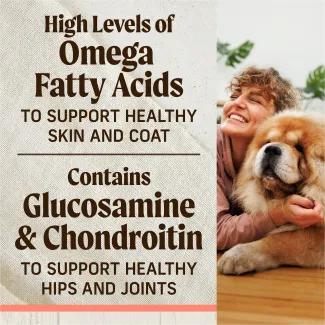 To the right, a person smiles and lays on the floor with a tan Chow Chow dog; To the left, text reads "high levels of omega fatty acids to support healthy skin and coat. Contains glucosamine and chondroitin to help support healthy hips and joints"
