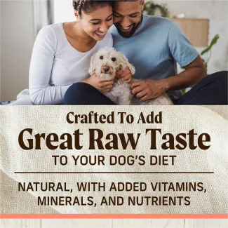 Top half of the images shows a woman and man snuggling a white curcly-haired dog in a living room; text below reads "crafted to add great raw taste to your dog's diet. Natural with added vitamins, minerals, and nutrients" 