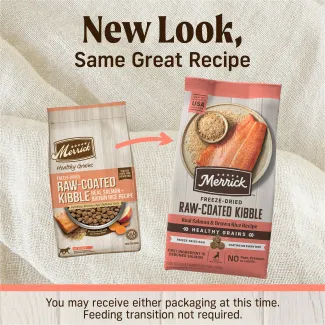 Packages show the old look and new look for Merrick Healthy Grains Freeze-Dried Raw-Coated Kibble Real Salmon &amp; Brown Rice Recipe Dry Dog Food with an arrow pointing from old to new. Text reads "New look, same great recipe. You may receive either packaging at this time. Feeding transition not required." 
