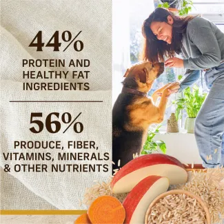 On the right, a woman holds the paws of a tan and black dog standing on its back legs; below sits  sliced apples, slices sweet potatoes and brown rice; to the left, text reads "44% protein and healthy fat ingredients. 56% produce, fiber, vitamins, minerals, and other natural nutrients" 