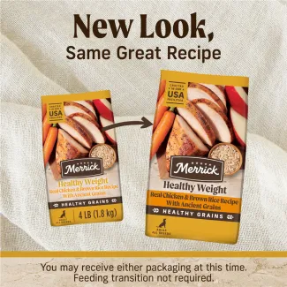 Packages show the old look and new look for Merrick Healthy Grains Healthy Weight Recipe Real Chicken &amp; Brown Rice Dry Dog Food with an arrow pointing from old to new. Text reads "New look, same great recipe. You may receive either packaging at this time. Feeding transition not required." 