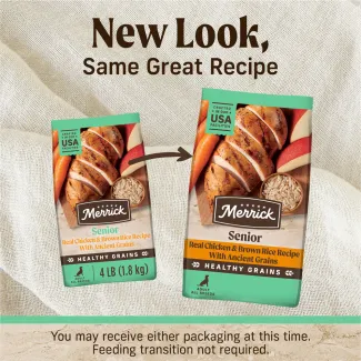 Packages show the old look and new look for Merrick Healthy Grains Senior Recipe Real Chicken &amp; Brown Rice Dry Dog Food with an arrow pointing from old to new. Text reads "New look, same great recipe. You may receive either packaging at this time. Feeding transition not required." 